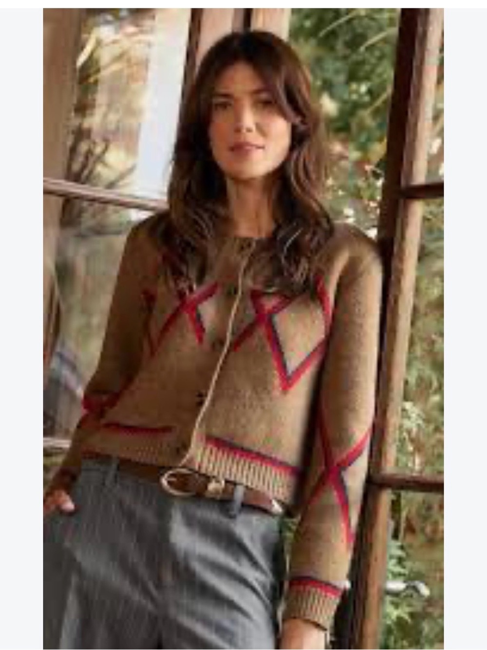 Evereve Camel Knit Argyle Button Cardigan with Red and Navy Trim size XS